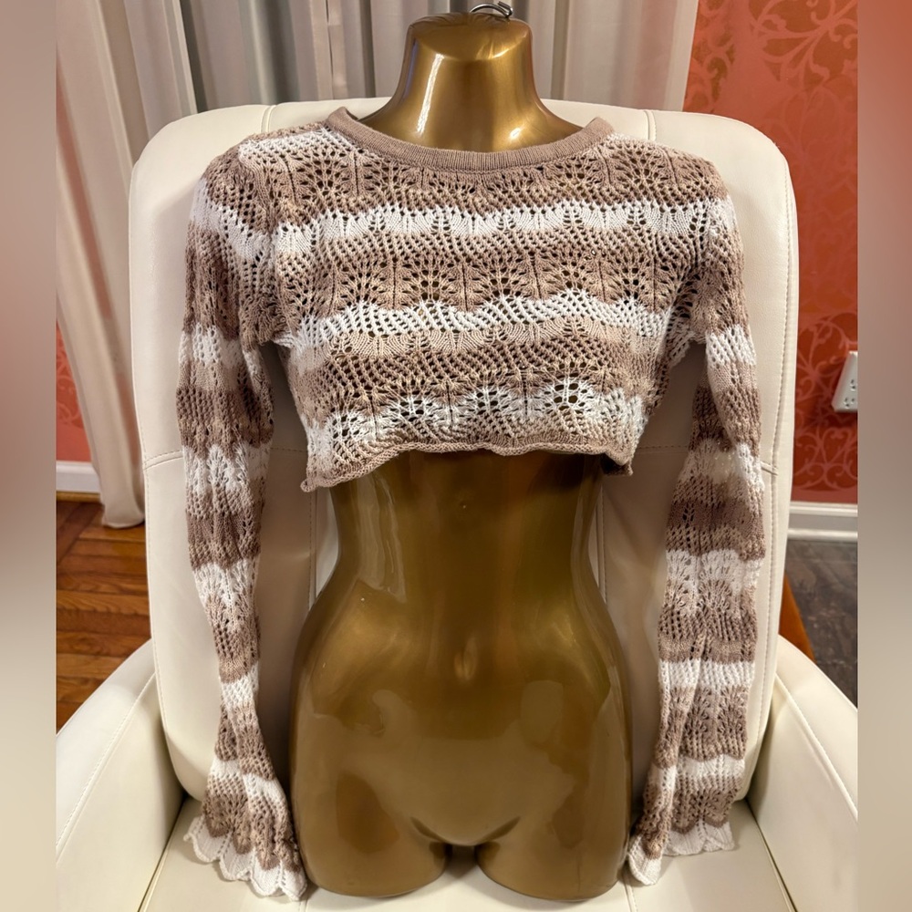 Princess Polly Taupe & White Striped Cropped Knit Top